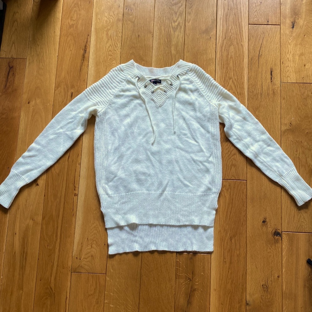 White knit sweater with lace up neckline